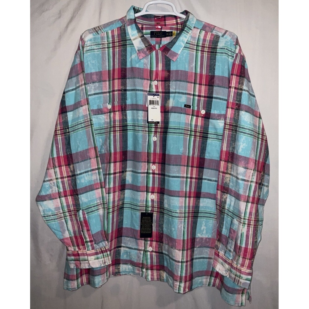 NWT Men's Polo Ralph Lauren Cotton Slub Twill Work Shirt Pink / Blue Sz 4XB Big